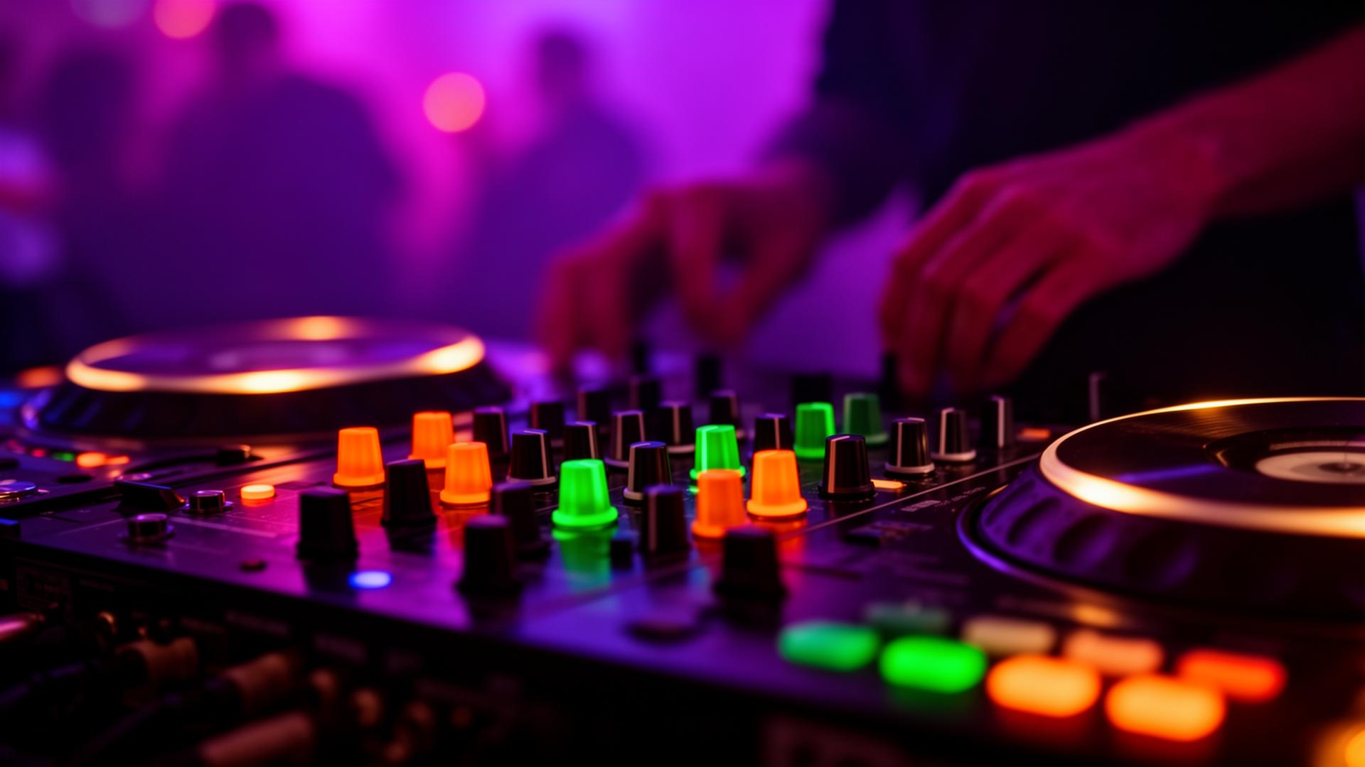 Luxury nightlife crowd in Barcelona with purple and pink bokeh lights